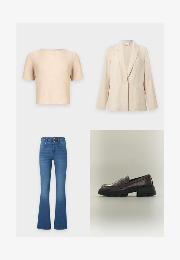 Blazer pour femme texturé couleur crème, manches longues, col cranté, fermeture par un bouton unique et deux poches avant.; Haut beige en maille à manches courtes avec un col rond, tissu texturé et ourlet brut. Design simple, adapté à la superposition ou à porter seul.; Jean flare bleu en denim, avec taille haute, deux poches avant, légères décolorations et fermeture à double bouton.; Mocassin en cuir marron foncé avec semelle épaisse noire et talon bloc bas sur fond neutre.