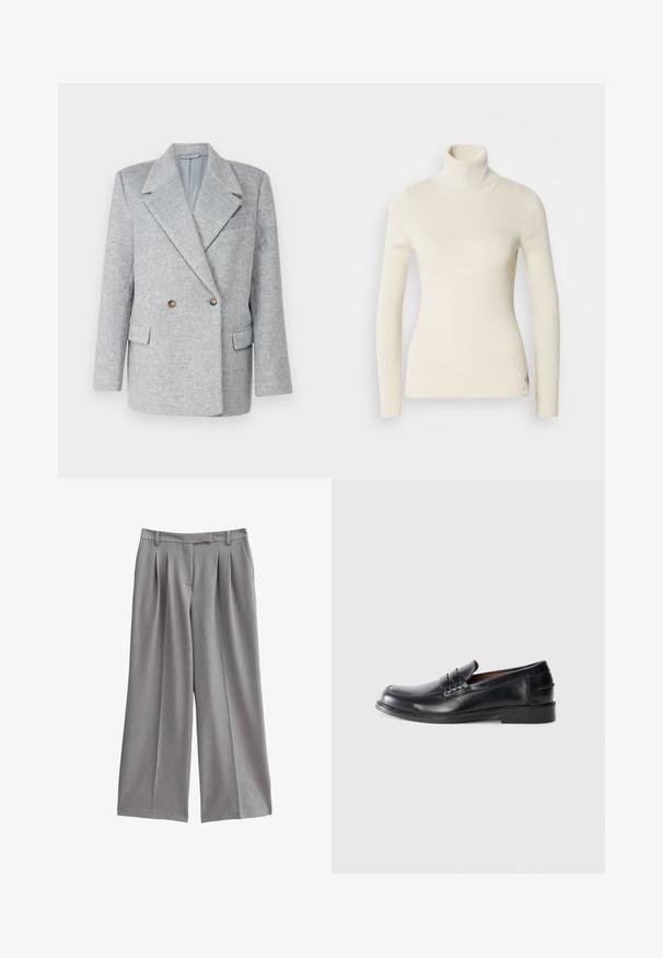 Grijze wolmix dubbele blazer met een op maat gemaakt ontwerp, scherpe kraag en twee voorzakken. Kenmerkt zich door bruin knoopaccenten.; Crème coltrui gemaakt van ribgebreid materiaal. Heeft lange mouwen, een getailleerd ontwerp en een klein logo op de zoom. Zachte textuur.; Grijze wijde pantalon met een geplooid front, gemaakt van een gladde stof. Heeft een platte tailleband met riemlussen en zijzakken.; Zwarte leren instappers met een ronde neus, gestikte details en een lage blokhak. Soepele textuur met een subtiele glans.