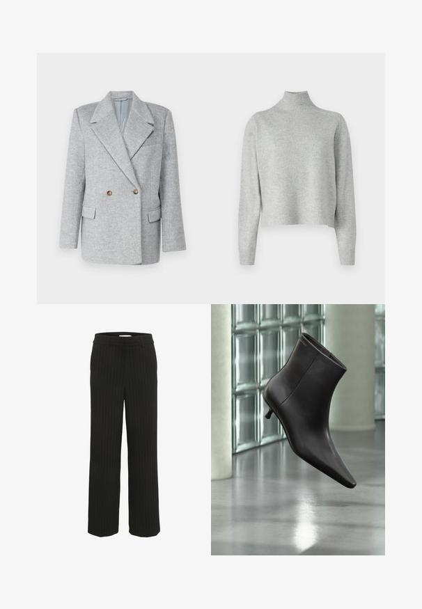 Grau-melierter Wolle-Mischung Doppelreiher Blazer mit maßgeschneidertem Design, scharfem Kragen und zwei Fronttaschen. Mit braunen Knopfakzenten.; Hellgrauer Rollkragenpullover aus weichem Strickstoff, mit langen Ärmeln und einem gerippten Saum sowie Rippbündchen. Ohne Muster oder Hardware-Details.; Schwarze gestreifte weite Hosen mit flachem Bund und Gürtelschlaufen, aus gewebtem Stoff hergestellt, mit vertikalen Streifen in einer kontrastreichen Farbe.; Schwarzer Leder-Knöchelstiefel mit spitzer Spitze und kleinem Absatz vor einer Wand aus Glasbausteinen und einem polierten Boden.