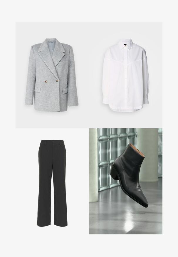 Blazer gris de mezcla de lana de corte ajustado, con doble botonadura, cuello afilado y dos bolsillos frontales. Presenta detalles de botones marrones.; Camisa de manga larga blanca de algodón, con cuello abotonado, botones frontales y un corte holgado con detalles de costura sutiles.; Pantalones de pierna ancha en gris oscuro con una tela texturizada, que cuentan con un frente plano, presillas para cinturón y un dobladillo limpio, adecuados para vestir formal o casual.; Botín de piel negra con puntera puntiaguda y tacón cuadrado que levita sobre un suelo gris reflectante cerca de una pared de bloques de cristal.