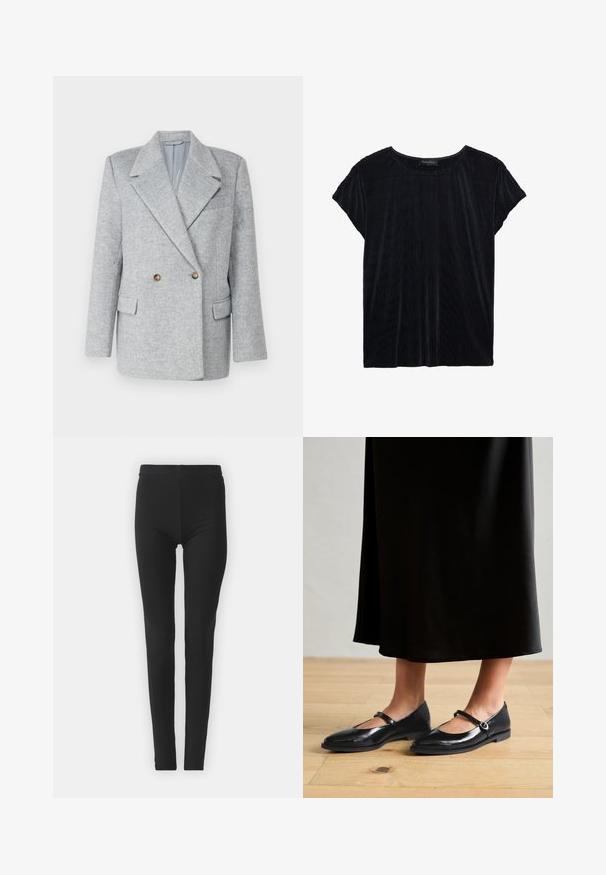 Grau-melierter Wolle-Mischung Doppelreiher Blazer mit maßgeschneidertem Design, scharfem Kragen und zwei Fronttaschen. Mit braunen Knopfakzenten.; Schwarzes Cord-Jersey-Oberteil mit kurzen Ärmeln, runder Halslinie und lockerer Passform. Verfügt über eine vertikale Rippstruktur für zusätzlichen Detailreichtum.; Schwarze, elastische Leggings mit enger Passform, die einen hohen Bund und eine glatte Textur aufweisen. Keine sichtbaren Muster oder Beschlagdetails.; Schwarze Lacklederschuhe in Ballerina-Stil mit einem Mary Jane-Riemen, spitzem Zehenbereich und subtiler Eleganz, kombiniert mit einem fließenden schwarzen Rock auf einem Holzboden.