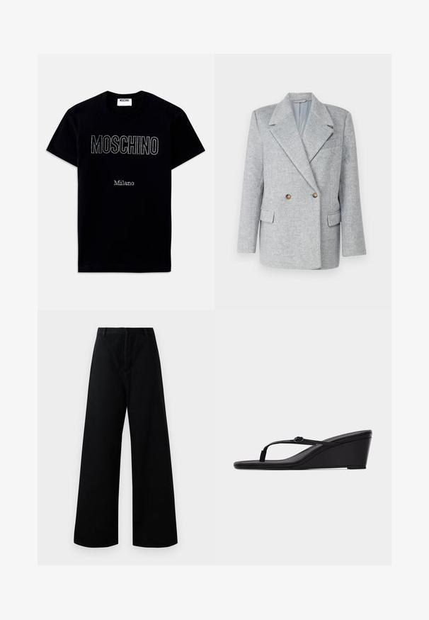 Blazer gris de mezcla de lana de corte ajustado, con doble botonadura, cuello afilado y dos bolsillos frontales. Presenta detalles de botones marrones.; Camiseta negra de manga corta con texto "MOSCHINO" y "Milano" en pequeños cristales centrados en la parte frontal.; Pantalones anchos negros de algodón, con cintura alta, bolsillos frontales y un diseño limpio y sencillo con detalles de costura minimalistas.; Sandalia de cuña negra con una fina tira en los dedos y hebilla ajustable sobre un fondo claro y liso, vista lateral.