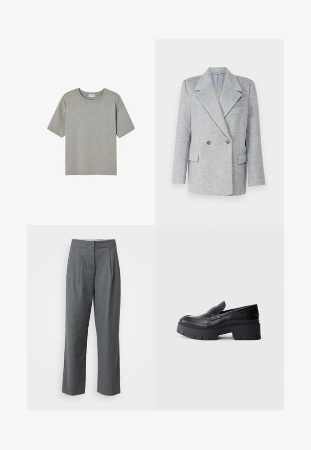 Šedý dvojradový blazer z vlnenej zmesi s prispôsobeným strihom, ostrým golierom a dvoma prednými vreckami. Obsahuje hnedé gombíkové akcenty.; Sivý krátky rukáv tričko vyrobené z mäkkej bavlny, s okrúhlym výstrihom a voľným strihom bez výrazných vzorov či akcentov.; Sivé prispôsobené nohavice so strihom rovného nohu, s hladkou textúrou, prednými skladmi a bočnými vreckami. Žiadne viditeľné kovanie ani akcenty.; Čierne robustné platformové loafery s hladkým koženým vrchom, dekoratívnym popruhom a hrubou textúrovanou podrážkou na bielom pozadí.