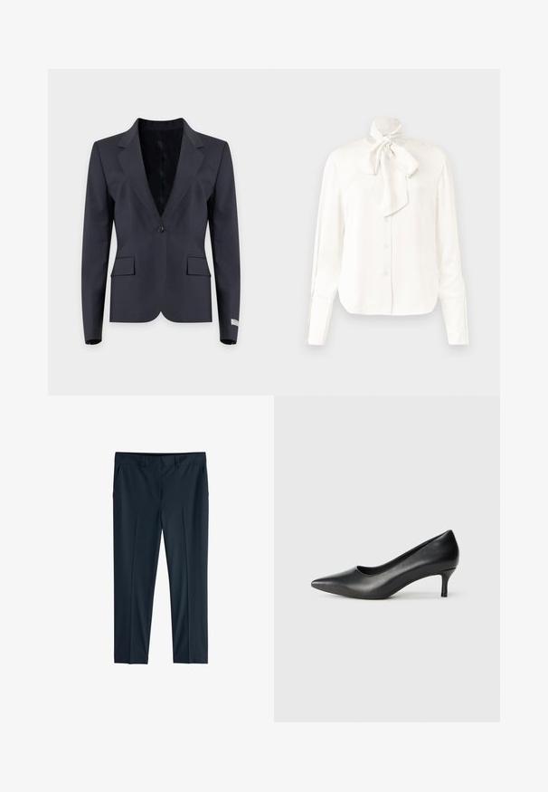 Schwarzer Ein-Knopf-Blazer mit Stegkragen, zwei vorderen Pattentaschen und langen Ärmeln auf schlichtem hellem Hintergrund.; Weißes Langarmbluse aus leichtem Stoff mit hohem Kragen und großem Schleifendetail am Hals, mit einer Knopfleiste vorne.; Schwarze formelle Hose mit geradem Bein, Gürtelschlaufen und vorderen Abnähern, flach auf weißem Hintergrund liegend.; Schwarzer Leder-Pump mit spitz zulaufender Zehenpartie, niedrigem konischen Absatz, glatter Textur und einem flachen Ausschnitt im Obermaterial für Sichtbarkeit des Fußes.
