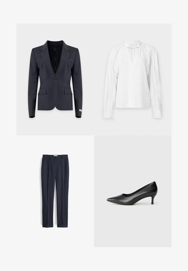 Schwarzer Ein-Knopf-Blazer mit Stegkragen, zwei vorderen Pattentaschen und langen Ärmeln auf schlichtem hellem Hintergrund.; Blaue Bluse mit langen Ärmeln und V-Ausschnitt, gerafften Details am Kragen und einem glatten, leichten Stoff. Einfaches und minimalistisches Design.; Marineblaue maßgeschneiderte Hose aus strukturiertem Stoff, mit flachem Frontdesign, Seitentaschen und aufgeschlagenen Säumen für einen sauberen Abschluss.; Schwarzer Leder-Pump mit spitz zulaufender Zehenpartie, niedrigem konischen Absatz, glatter Textur und einem flachen Ausschnitt im Obermaterial für Sichtbarkeit des Fußes.