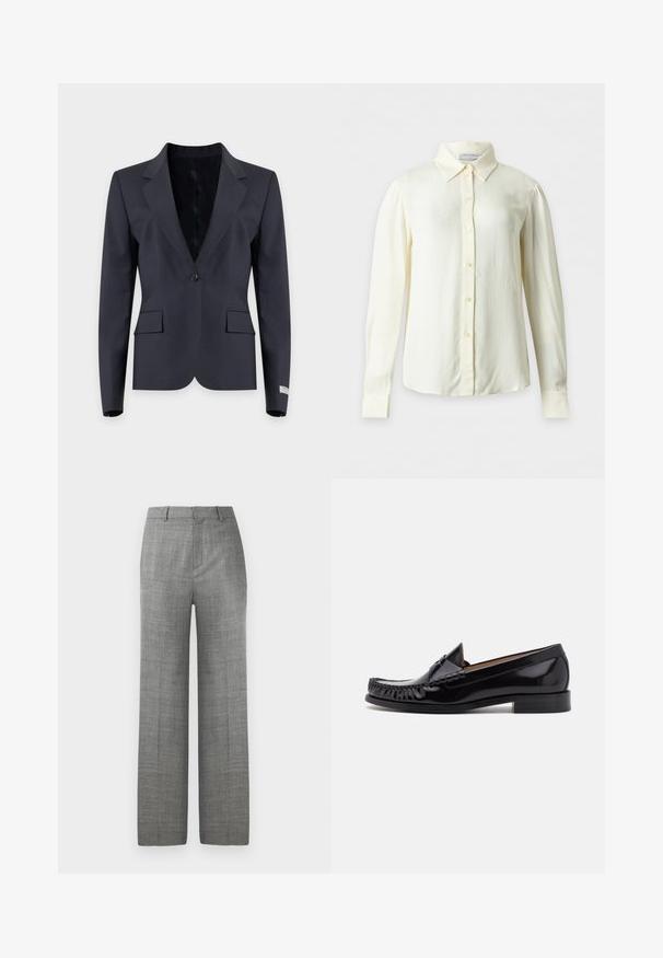 Blazer noir à bouton unique avec revers crantés, deux poches avant à rabat et manches longues sur un fond clair uni.; Blouse crème à manches longues avec col pointu et boutons devant, présentée sur un fond uni sans motifs ni objets supplémentaires.; Pantalons larges gris sur mesure avec passants de ceinture et pression à l'avant sur fond blanc, adaptés pour une tenue formelle ou professionnelle.; Mocassin en cuir noir avec une finition brillante, présentant des franges à l'avant et un petit talon empilé.
