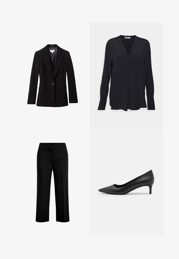 Schwarzer, maßgeschneiderter Ein-Knopf-Blazer mit Revers mit Kerbe, Pattentaschen und satinartigem Innenfutter.; Schwarze Bluse mit langen Ärmeln aus glattem Stoff. Mit V-Ausschnitt und lässiger Passform, ergänzt durch eine subtile Falte vorne. Mit Manschettenärmeln.; Schwarze, weite Hosen aus glattem Stoff mit zwei vorderen Taschen und einem flachen Bund. Maßgeschneiderter Schnitt mit klarer Silhouette.; Schwarze Leder-Pumps mit spitzer Zehenpartie und niedrigem Absatz. Glatte Textur, elegantes Design und subtile Details am Absatz.