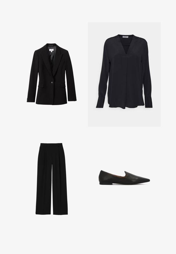 Zwart op maat gemaakt enkelknops blazer met notch rever, klepzakken en een satijnen voering.; Zwarte blouse met lange mouwen van zachte stof. Heeft een V-hals en een ontspannen pasvorm met een subtiele plooi aan de voorkant. Mouwen met manchet.; Zwarte broek met hoge taille, wijde pijpen, riemlussen en voorvouwen, afgebeeld op een witte achtergrond.; Zwarte leren ballerina's met een puntige neus, een lage, getextureerde hak en een strakke uitsnede rond de wreef voor makkelijk aan- en uittrekken.