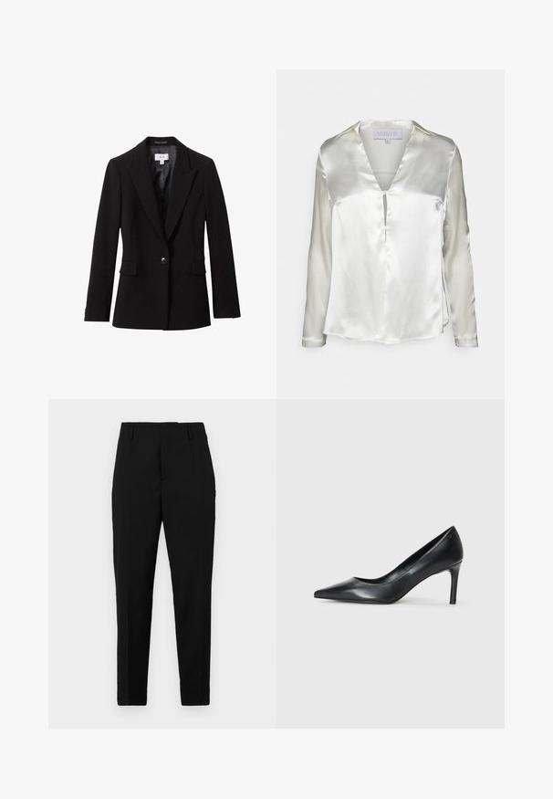 Blazer negro entallado de un solo botón con solapas con muesca, bolsillos con solapa y forro interior de satén.; STUDIO ID ALYSSA - Blusa - champagne; Pantalones negros con un corte ajustado, que presentan bolsillos laterales, una textura suave y un diseño elegante que se estrecha hacia el tobillo.; Zapato de tacón negro de cuero con punta afilada y un tacón delgado, textura suave y sin adornos visibles. Diseño limpio con una estética minimalista.