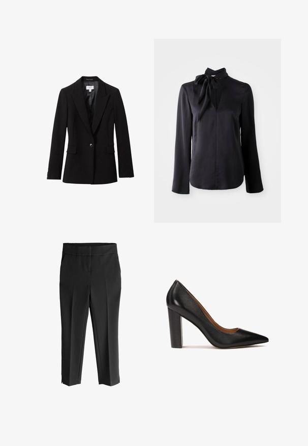 Blazer negro entallado de un solo botón con solapas con muesca, bolsillos con solapa y forro interior de satén.; Blusa negra de manga larga en tejido suave con escote en V y detalle de cuello atado. Presenta un corte recto y sutiles acentos de costura.; Pantalones negros cropped con una cinturilla ancha, que cuentan con una textura suave, piernas ajustadas y aberturas laterales en el dobladillo para un detalle adicional.; Zapato de tacón alto de cuero negro con punta afilada, acabado texturizado y tacón grueso. Diseño sencillo con un forro interior suave.