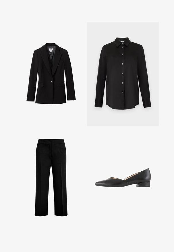 Sort skræddersyet enkeltknaps blazer med hakkede revers, klaplomme og satinfor.; Sort langærmet skjorte med knapper og spids krave med syv knapper, vist på en lysegrå baggrund.; Sorte, brede bukser lavet af et glat stof med to forlommer og en flad talje. Skræddersyet design med en ren silhuet.; Sorte læder lavhælede sko med spids tå og udskæringsdesign langs siderne, hvilket skaber en strømlinet silhuet.