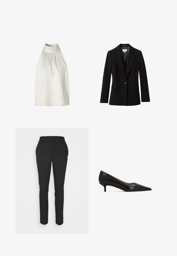 Blazer negro entallado de un solo botón con solapas con muesca, bolsillos con solapa y forro interior de satén.; Top sin mangas con cuello halter en suave tela color crema, con pliegues en la parte delantera, un cuello alto y un dobladillo recto.; Pantalones negros ajustados de corte entallado, con una textura suave y una cinturilla plana. Presentan presillas para cinturón y sin patrones o acentos visibles.; Zapatos de charol negro con tacón bajo tipo gatito, punta puntiaguda, textura lisa y tacón modesto. Diseño sencillo sin adornos.