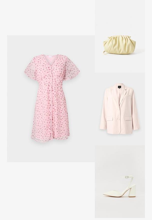 Blazer rose clair pour femme avec revers crantés, deux poches avant à rabat, poche poitrine et fermeture à deux boutons.; Robe fleurie rose avec des manches courtes flottantes, décolleté en V et boutonnage sur le devant. Le tissu semble léger avec une texture douce et transparente.; Sandale blanche à talon avec un bout pointu, sangle de cheville réglable et un talon carré épais. Texture lisse avec des détails de couture minimaux.; Sac à main plissé jaune en simili cuir lisse, arborant une forme douce avec une bandoulière unique et un design froncé sur le dessus.
