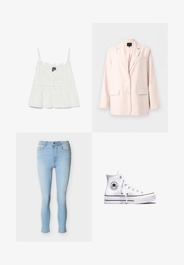 Blazer rose clair pour femme avec revers crantés, deux poches avant à rabat, poche poitrine et fermeture à deux boutons.; Blouse blanche sans manches avec des accents en dentelle, fermeture à boutons et design peplum. Tissu texturé avec des rayures verticales et encolure festonnée.; Jean skinny bleu clair taille haute avec fermeture à bouton et glissière, poches avant et arrière, présenté sur un fond blanc.; Baskets blanches montantes Converse Chuck Taylor All Star avec des rayures noires et un patch logo sur le côté, présentées sur un fond blanc uni.