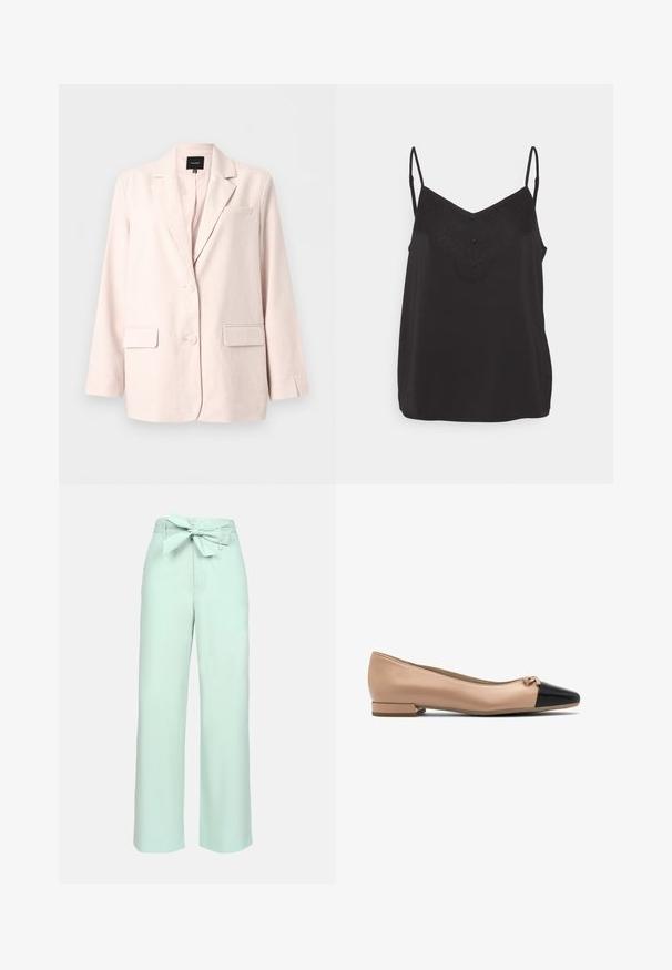 Lyserød dames blazer med notch revers, to forlommelommer med klapper, brystlomme og lukning med to knapper.; Sort camisole med blonde detaljer ved udskæringen, med justerbare spaghettistropper og en glat satin tekstur. Tre knapper foran.; Lyse mintgrønne vide bukser lavet af et blødt, tekstureret stof. Har en høj talje med en bundet sløjfedetalje.; Beige læder balletflade med en sort kappe og lille sløjfe detalje foran, med en lav blokhælcirkler for støtte.