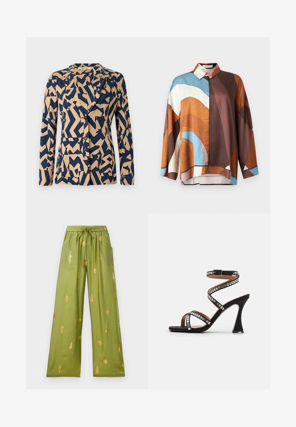 Veste bleu marine et beige avec un motif abstrait en zigzag, design à un bouton, col cranté et deux boutons. Texture de tissu douce.; Chemise à manches longues avec col à boutons, présentant des motifs incurvés abstraits dans des tons marron, bleu, blanc et orange.; Pantalons larges olive avec taille élastique et cordon de serrage, décorés de motifs en or de coquillages et de conques.; Sandale noire à talon haut avec une sangle de cheville spirale, ornée de détails métalliques carrés, à bout ouvert, et un design de talon courbé élégant.