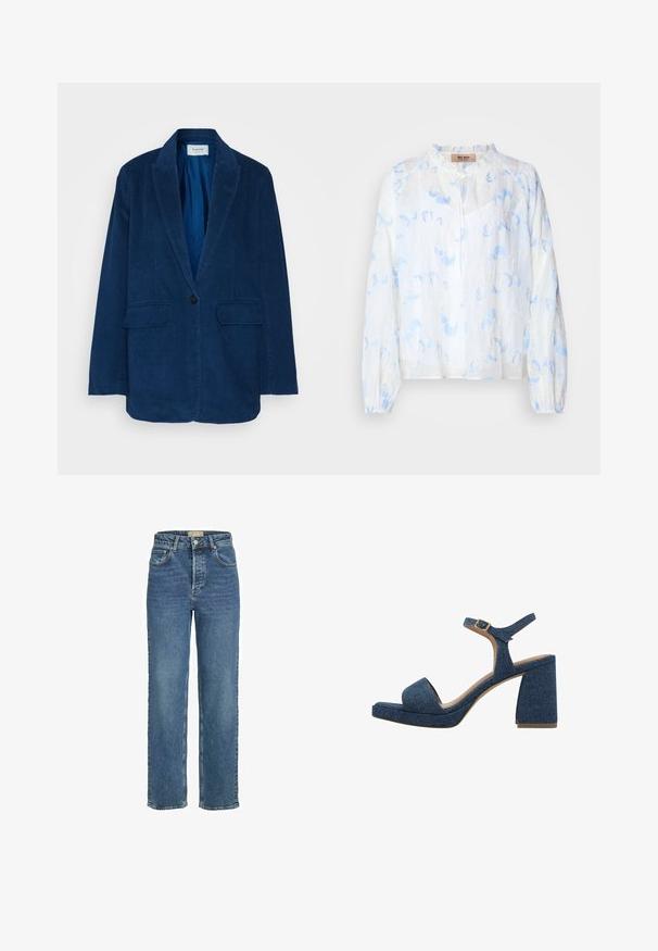 Marineblauwe corduroy blazer met een geknipte revers, enkele knoopsluiting en twee voorkwasten. Getextureerde stof met verticale ribbel.; Witte blouse met lichtblauwe bloemenborduursel, relaxte fit, ronde halslijn en lange mouwen met gathered cuffs. Lichtgewicht stof.; Hoge taille, rechte pijpen blauwe denim jeans met vijf zakken, lichte stiksels en een gestructureerde afwerking.; Denim blokhak sandalen met een enkelband, open teen en een gestructureerde blauwe stof bovenkant. Beschikt over een chunky hak voor stabiliteit.