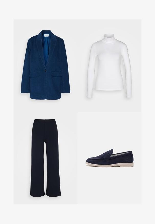 Marineblå corduroy blazer med klappet revers, enkelt knaplukning og to frontlommer. Struktureret stof med lodrette ribber.; Hvid langærmet mærket skjorte lavet af et glat, strækbart stof. Har en tætsiddende pasform og en høj krave. Ingen synlige mønstre eller detaljer.; Marinblå vidbukser lavet af blødt stof, med en flad talje og ingen synlige lommer, samt en glat, ustruktureret finish.; Marineblå suede loafers med rund tå og syet detaljering. Har en polstret tunge og en lys beige gummisål for komfort.