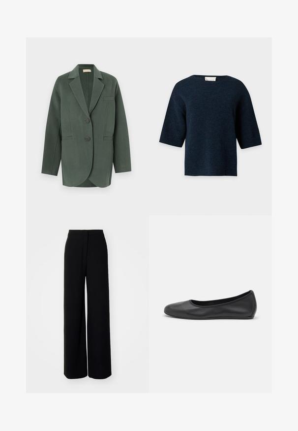 Veste en laine vert foncé à revers crantés, deux boutons, poches à rabat et manches longues, présentée sur fond blanc.; Pull en maille bleu marine foncé à manches courtes avec un col rond et un ourlet droit, présenté sur un fond clair uni.; Pantalons larges noirs à taille haute, en tissu lisse, avec fermeture à bouton à l'avant et sans poches visibles, offrant une coupe tailleur.; Ballerines en cuir noir avec un bout rond, texture lisse, détails de couture minimalistes et design de semelle flexible.
