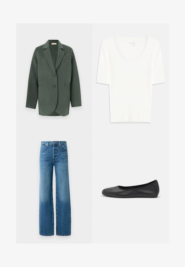 Blazer de lana verde oscuro con solapas de muesca, dos botones, bolsillos con solapa y mangas largas exhibido sobre un fondo blanco.; Camiseta blanca de manga corta con cuello redondo. Confeccionada en suave tejido de algodón, presenta un corte relajado y un diseño minimalista.; Jeans de pierna ancha fabricados con denim azul claro. Presenta una cremallera de botones, trabillas para el cinturón y costuras en contraste. La tela tiene un efecto de lavado desgastado.; Bailarina de piel negra con punta redondeada, textura suave, detalle de costura minimalista y diseño de suela flexible.