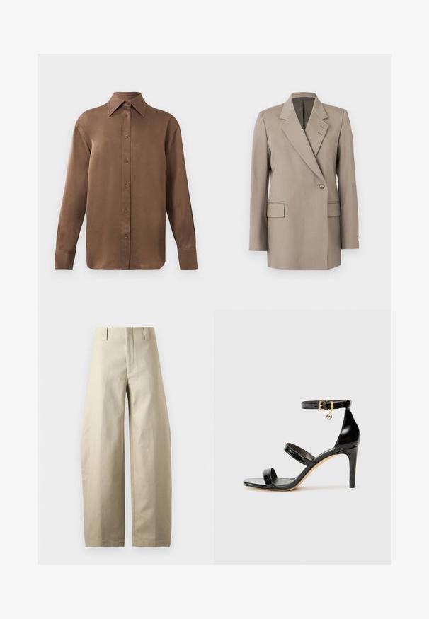 Beige dobbeltradet blazer med klippede revers, to forlommer og enkeltknaplukning. Fremstillet af et glat, struktureret stof.; Brun langærmet skjorte med knapper, spids krave og manchetter, vist mod en simpel hvid baggrund.; Beige bukser med høj talje og vide ben, med bæltestropper, lynlås foran og en glat, struktureret stoffinish.; Sorte patenterede lædersandaler med tre stropper, ankelspænde og 10 cm stiletthæl. Har detaljer i guld og et logo charms.