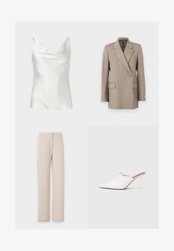 Blazer beige à double boutonnage avec des revers crantés, deux poches avant et une fermeture à un bouton. Fabriqué dans un tissu lisse et structuré.; Haut caraco sans manches en satin blanc avec un décolleté drapé et une texture lisse et brillante.; Pantalon beige à jambes droites, taille haute, fermeture par boutons et détails subtils de coutures avant sur fond uni.; Mules blanches à bout pointu, texture plissée sur le dessus, et talon stiletto fin. Surface lisse et design minimaliste.