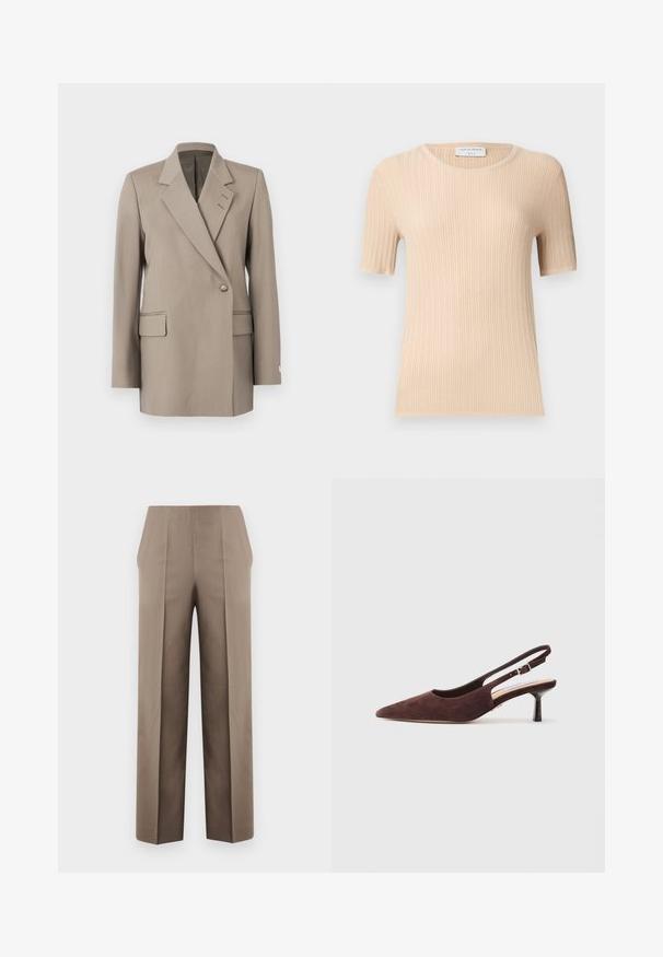 Blazer beige à double boutonnage avec des revers crantés, deux poches avant et une fermeture à un bouton. Fabriqué dans un tissu lisse et structuré.; Haut en maille côtelé beige à manches courtes, col rond, coupe ajustée et étiquette "Tiger of Sweden" visible à l'intérieur du col.; Pantalons beiges à taille haute avec une coupe ajustée, dotés de deux plis à l'avant, d'une conception à jambe droite et de lignes épurées, sans ornements.; Chaussures slingback en suédine brune avec un bout pointu et un talon fin. Elles disposent d'une bride réglable avec une boucle en métal.