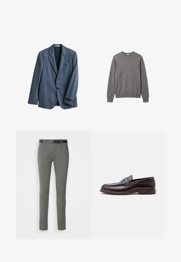 Blazer azul de hombre con dos botones delanteros, solapa con muesca, tres bolsillos delanteros y una etiqueta en el puño de la manga izquierda.; Jersey gris de hombre de manga larga con cuello redondo, puños y bajo acanalados, con un pequeño y sutil logo en el pecho izquierdo.; Chinos de algodón grises con un corte slim, que incluyen un cinturón negro, dos bolsillos laterales y un diseño simple. Textura suave sin patrones visibles.; Zapato tipo loafer de cuero marrón oscuro para hombre, con detalles cosidos y tacón bajo, mostrado de perfil sobre un fondo blanco.