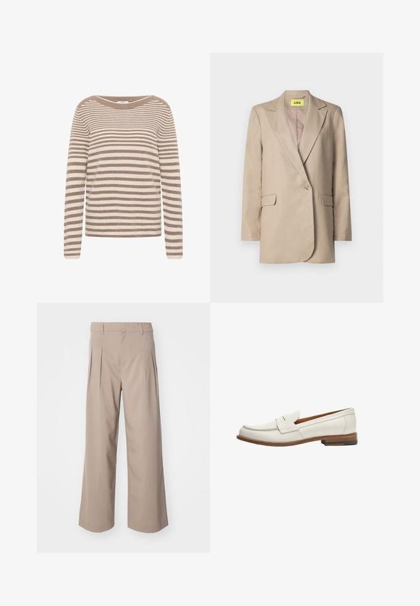 Blazer beige hecho de tejido texturizado, que presenta un solo botón, solapas de muesca, bolsillos delanteros y una etiqueta amarilla brillante en el interior.; Suéter a rayas en beige y crema, con manga larga, un escote ancho y un diseño de punto texturizado.; Pantalones beige de pierna ancha con plisados, hechos de una tela suave. Presentan una cintura de altura media y una silueta limpia y ajustada.; Mocasines de cuero blanco con un bajo tacón de madera apilada, que presentan un diseño de mocasín cosido y una solapa frontal doblada.