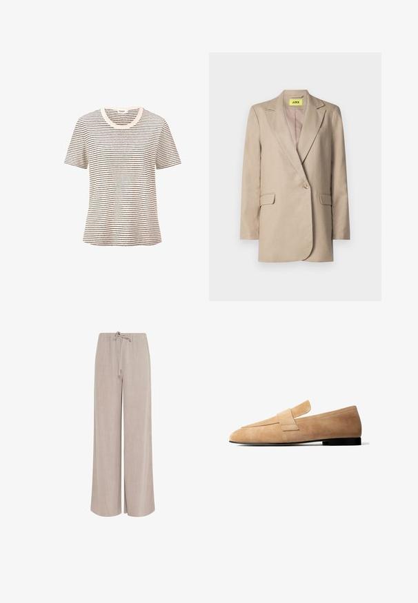 Blazer beige hecho de tejido texturizado, que presenta un solo botón, solapas de muesca, bolsillos delanteros y una etiqueta amarilla brillante en el interior.; Camiseta de rayas en color crema con finas líneas negras horizontales. Mangas cortas, cuello redondo, textura suave, corte relajado.; Pantalones de lino beige de pierna ancha con cintura elástica y cordón frontal, diseñados para un ajuste relajado y uso casual.; Mocasín de ante marrón claro con un tacón bajo negro y una amplia tira decorativa en la parte superior, mostrado de perfil sobre un fondo blanco.