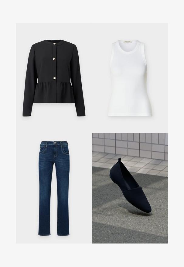Zwarte getailleerde jas met een ronde halslijn, lange mouwen en peplumdetail, met drie goudkleurige knopen aan de voorkant.; Witte geribbelde mouwloze tanktop met ronde halslijn, slanke pasvorm en Scotch & Soda merklabel binnenin de kraag.; Donkerblauwe denim jeans met een rechte pijp, vijf zakken en een standaard knoopsluiting. Bevat subtiele stikdetails.; Zwarte platte schoen met een puntige neus, gladde textuur en een minimalistisch ontwerp. Heeft een kleine hak en een lusje aan de achterkant.