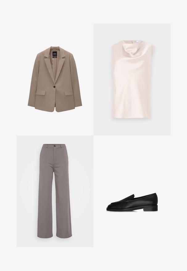 Beige blazer med skræddersyet pasform, enkelt knaplukning, spids lapel og to forlommer. Glat tekstur, minimalistisk design.; Ærmeløs top i silkelignende stof i blød beige med en draperet cowl-halsudskæring. Har en diskret lynlås bagpå og en glat, blank tekstur.; Bredde bukser i et blødt gråt stof. Har en knaplukning og rene sømme. Glat tekstur uden synlige mønstre eller udsmykninger.; Sorte læderloafer med flad sål, der har et syet design og en subtil detalje på toppen. Glat tekstur og en slank silhuet.