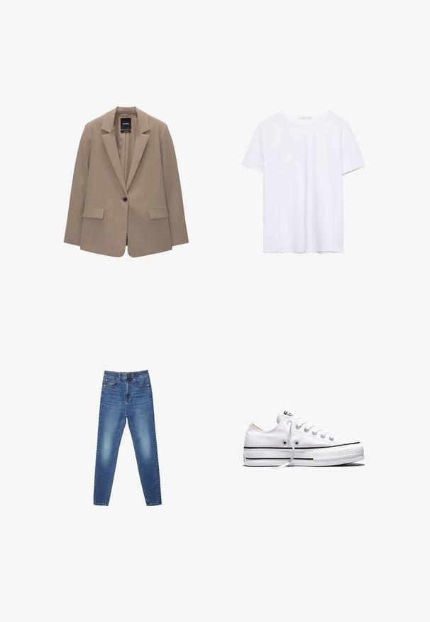 Béžový blazer s priliehavým strihom, jedným gombíkom na zapínanie, klopovými reverzami a dvoma prednými vreckami. Hladká textúra, minimalistický dizajn.; Hladké biele tričko s krátkym rukávom a okrúhlym výstrihom, s rovnými lemami, vystavené na bielom pozadí.; Modré vysoko pásové úzke rifle z denimu s prednými a zadnými vreckami, zapínaním na gombík a jemným vyblednutím na stehnách a kolenách.; Biela nízka textilná teniska s bielymi šnúrkami, čiernymi pruhmi na podrážke a gumovou textúrovanou špičkou, bočný pohľad na bielom pozadí.