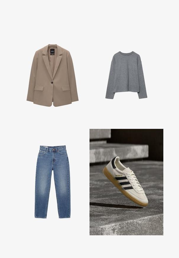 Béžový blazer s priliehavým strihom, jedným gombíkom na zapínanie, klopovými reverzami a dvoma prednými vreckami. Hladká textúra, minimalistický dizajn.; Šedý skrátený sveter vyrobený z mäkkej pleteniny, s rebrovaným okrúhlym výstrihom a dlhými rukávmi, s uvoľneným strihom a minimálnymi detailmi.; Svetlomodré riflové nohavice s vysokým pásom, rovný strih, päť vreciek a detaily v oranžovom prešívaní. Odlíšený vzhľad na prednej strane.; Biela teniska Adidas Spezial s čiernymi pásikmi a gumovou podrážkou vznášajúca sa nad sivými kamennými schodmi vonku.