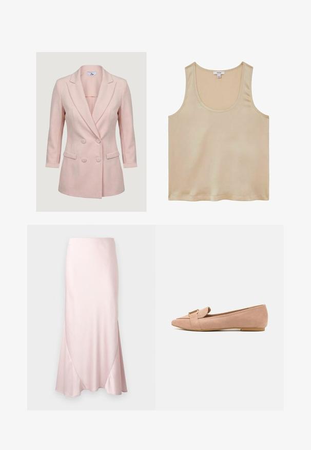 Lichtroze dubbelrijige blazer met inkeping revers, twee voorzakken met klep, driekwart mouwen en met stof overtrokken knopen.; Reiss REGULAR FIT - Blouse - neutral; Lichtroze satijnen midi-rok met een A-lijn silhouet en subtiele diagonale naaddetails op een effen achtergrond.; Lichtroze suède ballerina's met een spitse neus, voorzien van een omslagdetail en een goudkleurige gesp als accent. Lage, platte zool. Gladde textuur.