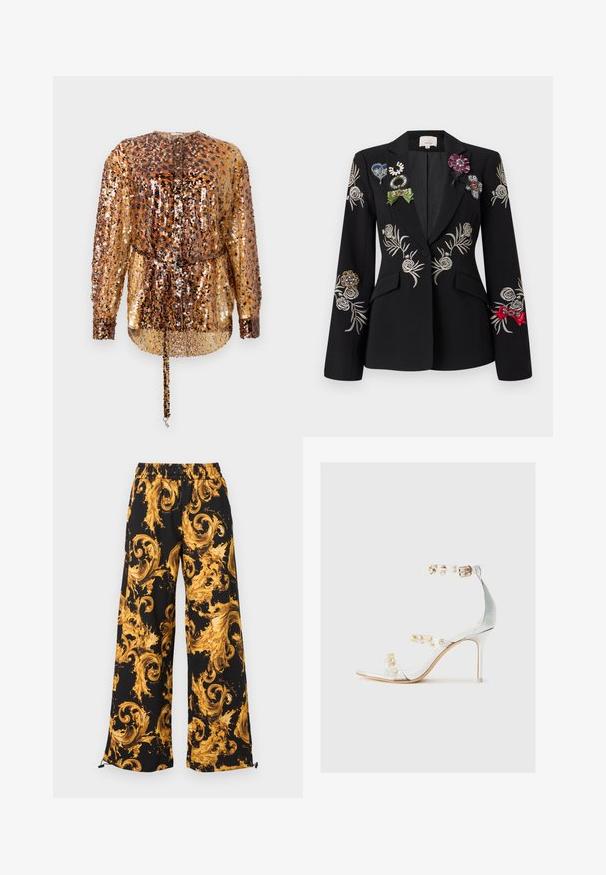 Sort blazer med broderede blomsterpatroner i sølv. Fremhæver farverige brocher, herunder grønne, blå og røde, der pryder reversen.; Rabanne Bluse - hairy/brown/black; Sorte bukser med vide ben og elastisk talje, prydet med et dristigt barokmønster i gylden-gul farve og justerbare snore ved buksekanterne.; Gennemsigtig hæl sandal med transparente stropper dekoreret med guldnitter, slank hæl og åben tå design med en glat, blank finish.