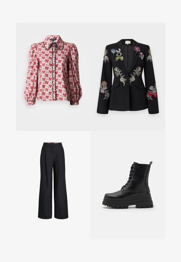 Sort blazer med broderede blomsterpatroner i sølv. Fremhæver farverige brocher, herunder grønne, blå og røde, der pryder reversen.; Blomstret bluse i pink stof med røde og grønne blomstermønstre. Puffærmer, krave og knaplukning foran med kontrastdetaljer.; Sorte vidde bukser med bæltestropper og foran lynlås, vist mod en hvid baggrund.; Sorte læder ankelstøvler med en chunky platformsål, snøre design og metaløjer. Har en strop bagpå for nem påtagning.