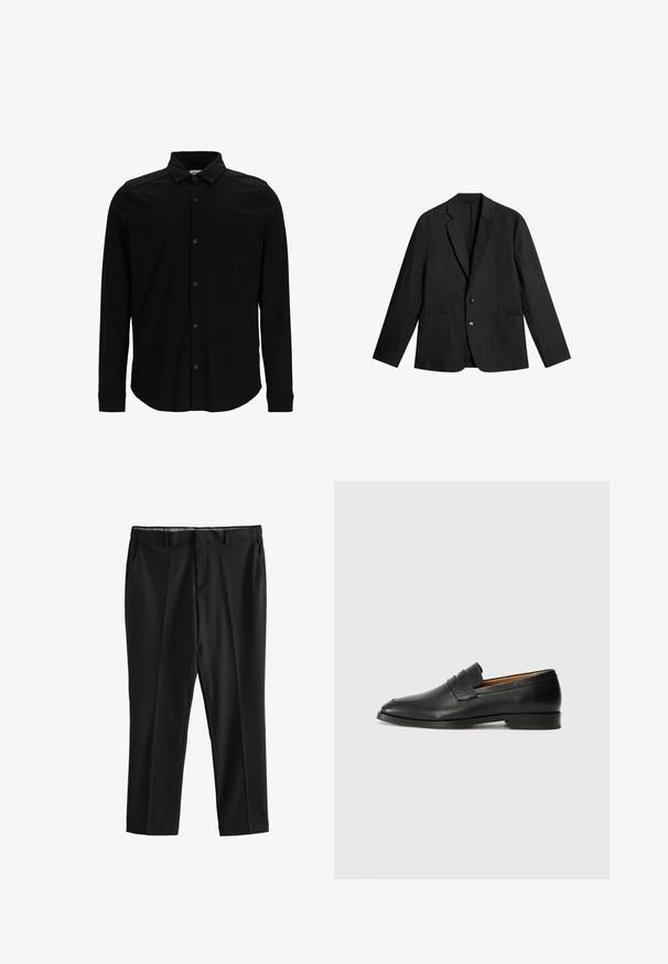 Blazer negro de tejido suave, con solapa muesca, dos bolsillos frontales y cierre de dos botones. Diseño sencillo y ajustado.; Camisa negra de manga larga hecha de una tela suave, con frente abotonado, cuello y un discreto logo bordado en el pecho.; Pantalones formales negros con trabillas para cinturón, bolsillos delanteros y corte recto, mostrados planos sobre un fondo blanco.; Mocasín de cuero negro con punta redonda, detalles de costura sutil y un tacón bajo, que presenta una textura suave y un diseño minimalista.