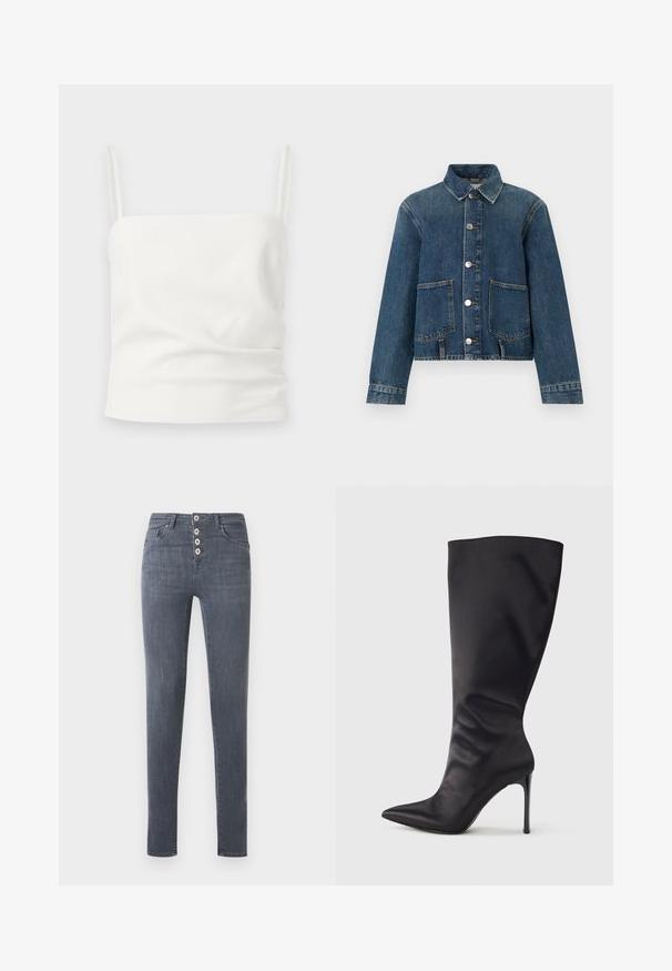 Veste en denim à manches longues, fermeture à boutons, deux grandes poches avant et col classique en lavage bleu moyen.; Haut court blanc sans manches avec fines bretelles, encolure carrée et détails subtils de tissu froncé.; Jean skinny gris taille haute avec quatre boutons blancs visibles et poches avant, présenté sur un fond uni.; Botte noire haute jusqu'aux genoux en cuir verni lisse et élégant ; bout pointu ; ajustée avec un léger froncé près de la cheville ; talon brillant.