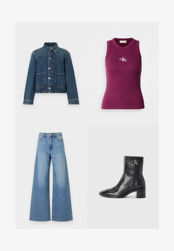 Veste en denim à manches longues, fermeture à boutons, deux grandes poches avant et col classique en lavage bleu moyen.; Débardeur moulant côtelé sans manches de couleur violet foncé avec un col rond et le logo blanc "Calvin Klein" sur la poitrine. Tissu doux avec une coupe ajustée.; Jean large taille haute bleu clair avec fermeture à bouton et fermeture éclair, poches avant, et légère décoloration sur les cuisses.; Botte de cheville en cuir noir avec un bout pointu, un talon carré et une sangle avec un détail de logo métallique. Texture lisse et design minimaliste.