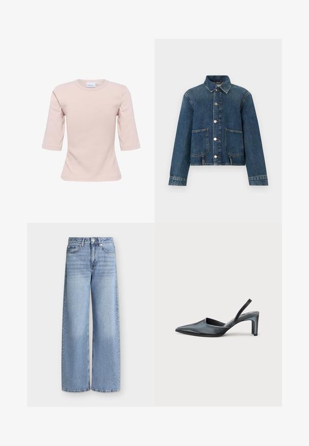 Veste en denim à manches longues, fermeture à boutons, deux grandes poches avant et col classique en lavage bleu moyen.; T-shirt rose clair à col rond, avec des manches trois-quarts, fabriqué dans un matériau doux, présentant une coupe ajustée et une texture lisse.; Jean bleu clair à jambes larges avec poches avant, passants de ceinture, fermeture par boutons et détails délavés sur les cuisses.; Escarpin noir à bride arrière avec un bout pointu, une finition satinée élégante et un talon fin de 7,5 cm. Design latéral ouvert avec des détails de couture minimalistes.