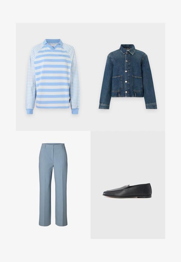 Veste en denim à manches longues, fermeture à boutons, deux grandes poches avant et col classique en lavage bleu moyen.; Polo à manches longues rayé bleu clair et blanc avec un col en V, doté d'un col côtelé et de poignets élastiques. Design simple et matière en coton.; Pantalon droit bleu clair avec ceinture et passants, pli marqué à l'avant, et un design net et ajusté.; Mocassins en cuir noir à texture lisse, bout arrondi et détails de couture subtils. Ils présentent un accent logo doré sur le côté supérieur.