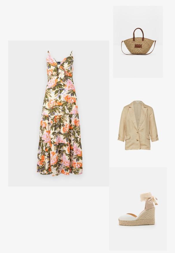 Beige linnen blazer met reverskraag, twee knopen aan de voorkant, 3/4 mouwen met knoopbandjes en twee klepzakken.; Florale maxi-jurk met spaghettibandjes, crèmekleurige stof met roze, oranje en groene bloemmotieven, en een gelaagde volantzoom.; Witte espadrille wedge sandaal met een jute zool, stoffen enkelbandjes en een gemêleerde beige hakaccent. Gladde bovenkant met een ronde teenvorm.; Geweven stro handtas met bruine leren handvatten en afwerking, voorzien van een ronde bodem en een afneembare schouderriem.
