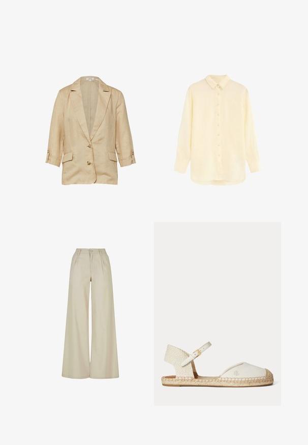 Beige linnen blazer met reverskraag, twee knopen aan de voorkant, 3/4 mouwen met knoopbandjes en twee klepzakken.; Crèmekleurig overhemd met lange mouwen en knopen, met spitse kraag en afgeronde zoom, platliggend op een witte achtergrond.; Beige broek met wijde pijpen en hoge taille, plooien aan de voorkant, riemlussen en knoopsluiting.; Witte espadrille sandaal met gevlochten hak, enkelriem met gouden gesp en "RL" logo op canvas teenkap, platte jutesoel.