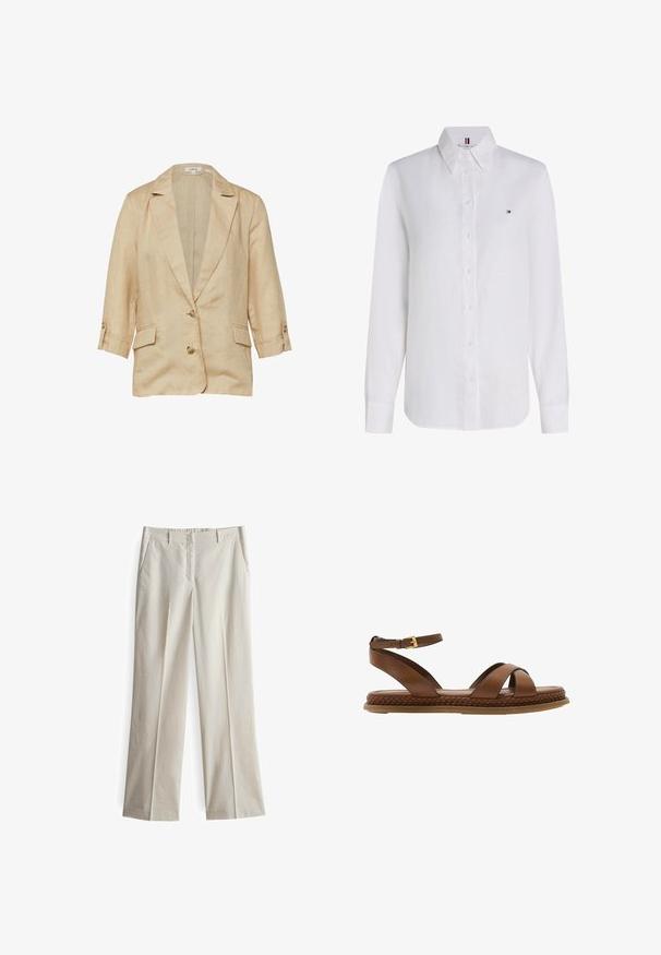 Beige linnen blazer met reverskraag, twee knopen aan de voorkant, 3/4 mouwen met knoopbandjes en twee klepzakken.; Witte lange mouwen blouse met knopen, spitse kraag en klein Tommy Hilfiger-logo op de linkerborst.; Lichtbeige wijde broek van katoenstof. Beschikt over zijzakken en een glad, recht vooraan ontwerp, met een lichte kreukelstructuur.; Bruine leren platte sandaal met enkelriem, gekruiste teenriempjes en gevlochten detail langs de rand van de zool.