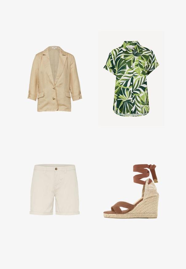 Beige linnen blazer met reverskraag, twee knopen aan de voorkant, 3/4 mouwen met knoopbandjes en twee klepzakken.; Overhemd met korte mouwen en knopen, met een groen-wit tropisch bladerenpatroon en een borstzak, getoond op een witte achtergrond.; Lichtbeige katoenen shorts met een knoopsluiting, opgevouwen mouwen en zijzakken. Gladde textuur en op maat gemaakt ontwerp voor comfort.; Sandaal met sleehak en een gevlochten jute plateau, bruine stoffen bandjes die over de tenen kruisen, en een lange enkelomwikkeling met een geweven hielstuk.