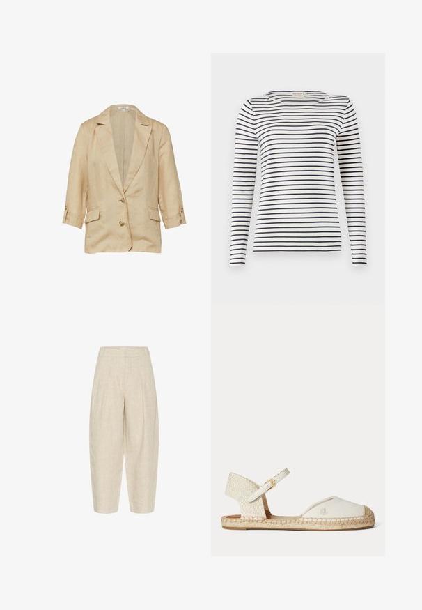 Blazer en lin beige avec col à revers, deux boutons devant, manches 3/4 avec pattes de boutonnage et deux poches à rabat.; Chemise à manches longues rayée en tissu doux, avec des rayures horizontales bleu marine et blanches, un col rond et une coupe ajustée.; Pantalons en lin beige à coupe ample, dotés de plis à la taille, d'une longueur cropped et d'un tissu texturé tissé.; Sandale espadrille blanche avec talon tressé, bride de cheville avec boucle dorée et logo "RL" sur la pointe en toile, semelle plate en jute.