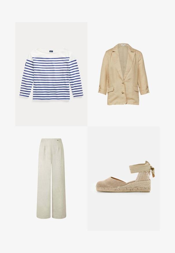 Beige linnen blazer met reverskraag, twee knopen aan de voorkant, 3/4 mouwen met knoopbandjes en twee klepzakken.; Lange mouw top in witte katoen met horizontale blauwe strepen. Heeft een bootnek en een klein logolabel op de linkermouw.; Lichtbeige wijde broek van linnen, met een hoge taille, plooien en een gladde, licht gestructureerde stof.; Beige espadrille met een canvas bovenwerk, een gestructureerde geweven hak en een gevlochten juten zool; heeft een gestrikte enkelband voor een veilige pasvorm.
