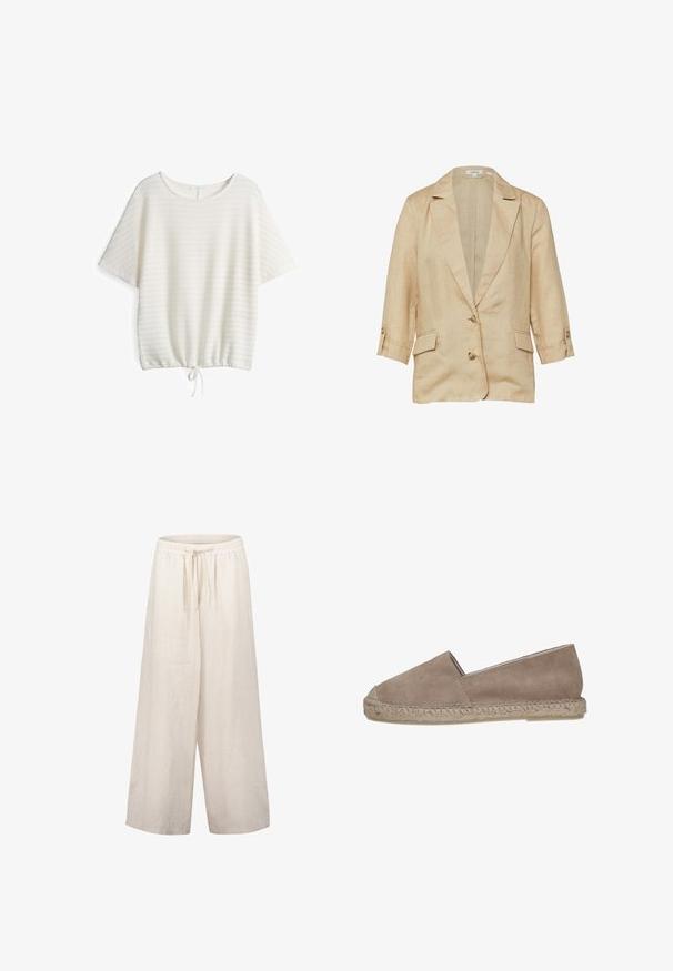 Beige linnen blazer met reverskraag, twee knopen aan de voorkant, 3/4 mouwen met knoopbandjes en twee klepzakken.; Witte korte mouwen top van textuurstof, losse pasvorm, ronde halslijn en trekkoord onderkant voor een aanpasbare silhouet.; Linnen wijde broek in lichtbeige met een elastische tailleband en trekkoord. Voorzien van een losse pasvorm en een gladde textuur.; Tan suède espadrille met een ronde neus, jute touwzool en een eenvoudig ontwerp. De bovenkant heeft een gladde textuur en minimale naai-details.