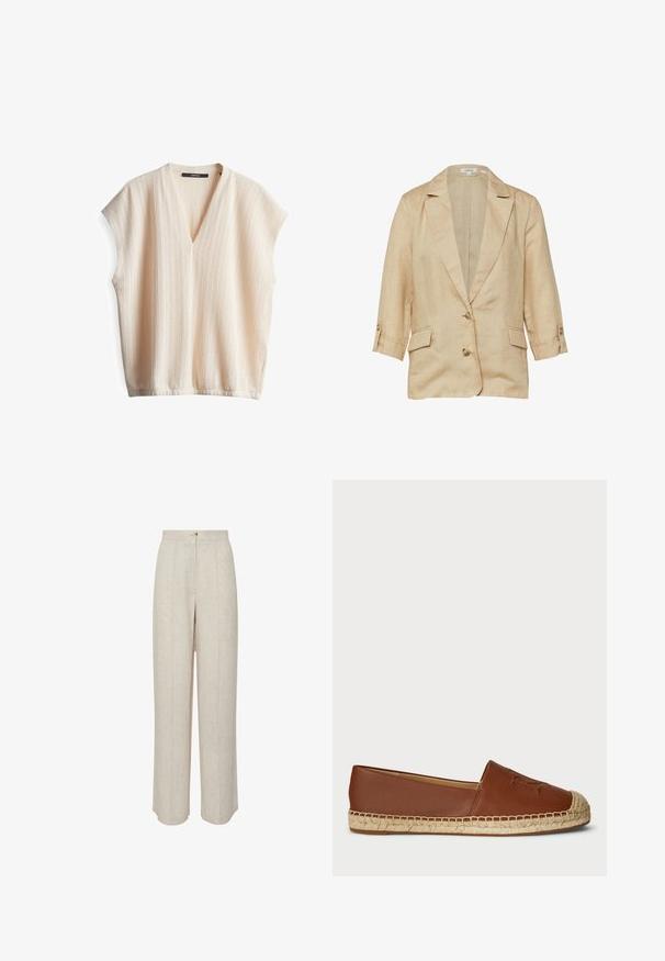 Beige linnen blazer met reverskraag, twee knopen aan de voorkant, 3/4 mouwen met knoopbandjes en twee klepzakken.; Licht beige kortemouw shirt met een V-hals, met een gestructureerde stof en subtiele verticale strepen. Zacht, ademend materiaal, relaxte pasvorm.; Beige linnen broeken met een hoge taille, voorzien van een sluiting met knopen aan de voorkant, twee zijzakken en een ontspannen, rechte pasvorm.; Bruine leren espadrille flats met een geweven jutesole, ronde neus en een reliëfdetail op het bovenwerk. Glad textuur met een samenhangend ontwerp.